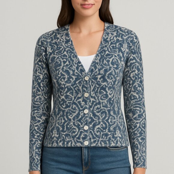 Carole Little 100% Merino Wool Blue White Floral Cardigan Sweater - Picture 1 of 4